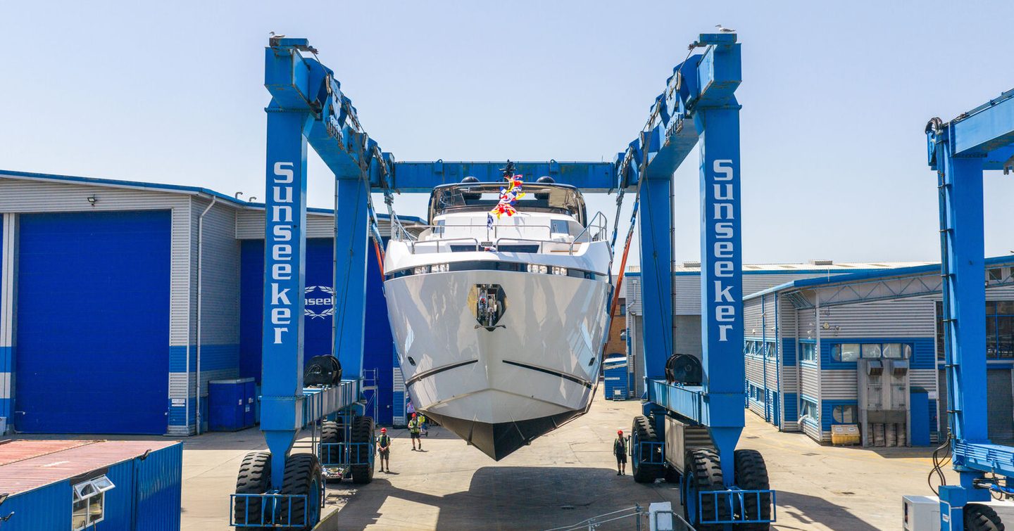 First Sunseeker Manhattan 94 yacht at launch suspended above ground 