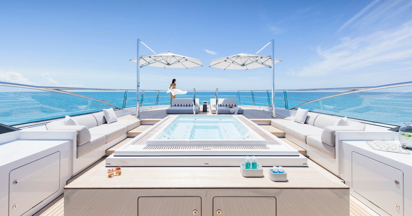 Rendering of Superyacht Entourage sundeck with dual canopies and jacuzzi