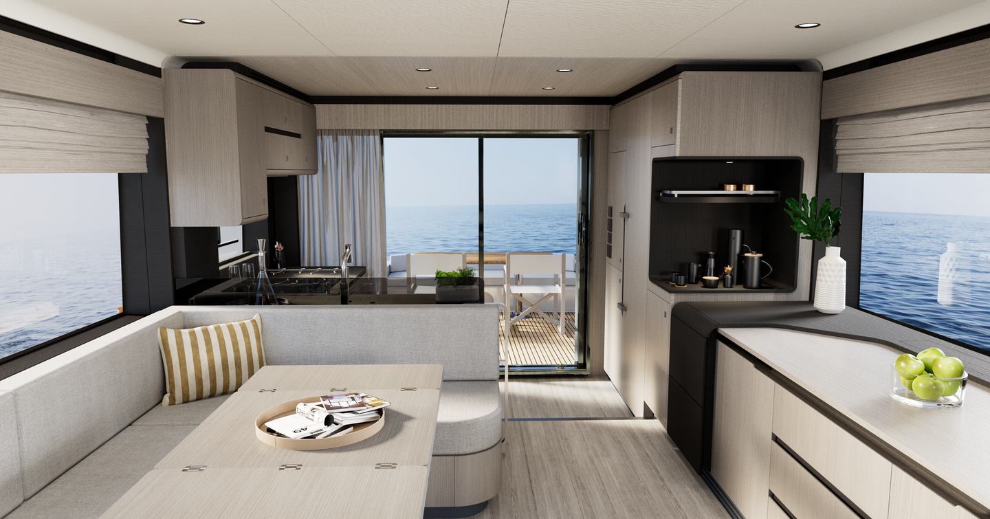 Rendering of Sirena 60 motor yacht interior with L-shaped seating and glass sliding doors