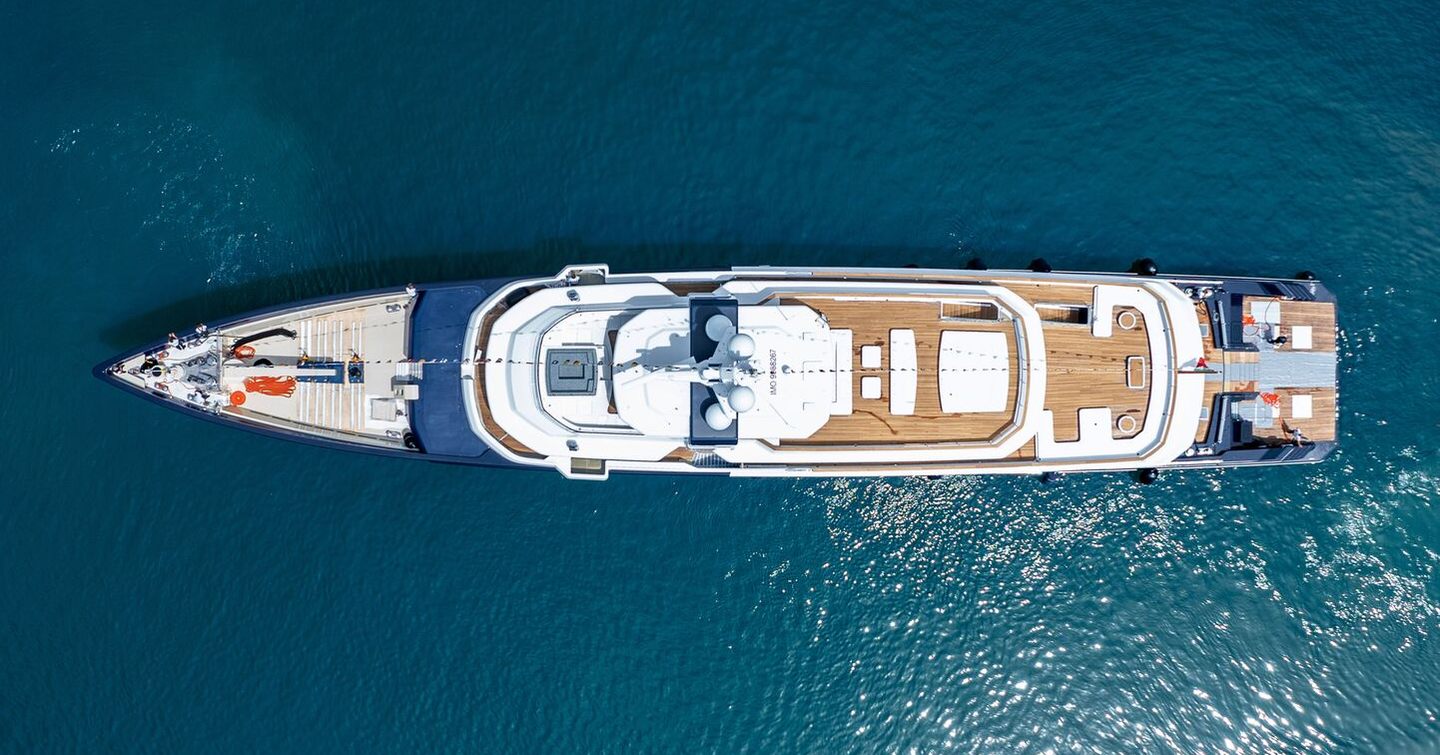 Aerial view of Superyacht Cerulean (Project Thunderball) at launch 