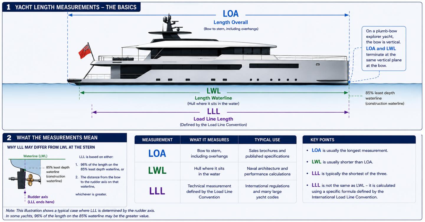 Diagram showing how the 24-metre yacht threshold is measured using Length Overall (LOA), Length on the Waterline (LWL) and Load Line Length (LLL) under the International Convention on Load Lines.