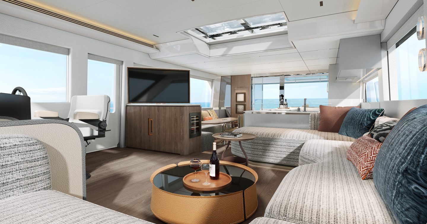 Rendering of CL Yachts CLB65 SUV motor yacht main saloon U-shaped grey seating and TV