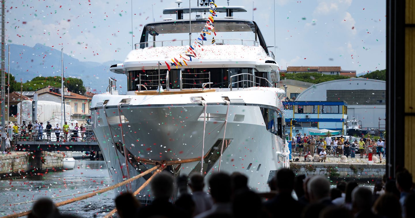 Crowd onlooking at Benetti Class 44M Superyacht Lumina during launch