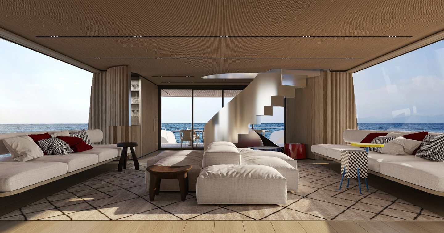 Rendering of Sanlorenzo SX120 motor yacht saloon with spiral staircase and white furniture 