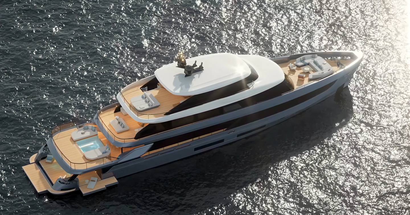 Aerial rendering of Azimut Grande 44M superyacht at anchor with fold out terraces