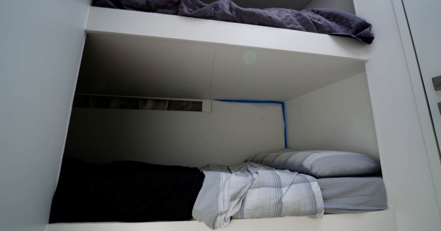 Crew cabin on the Manda S07 Berlinetta with twin bunks located forward beneath the foredeck