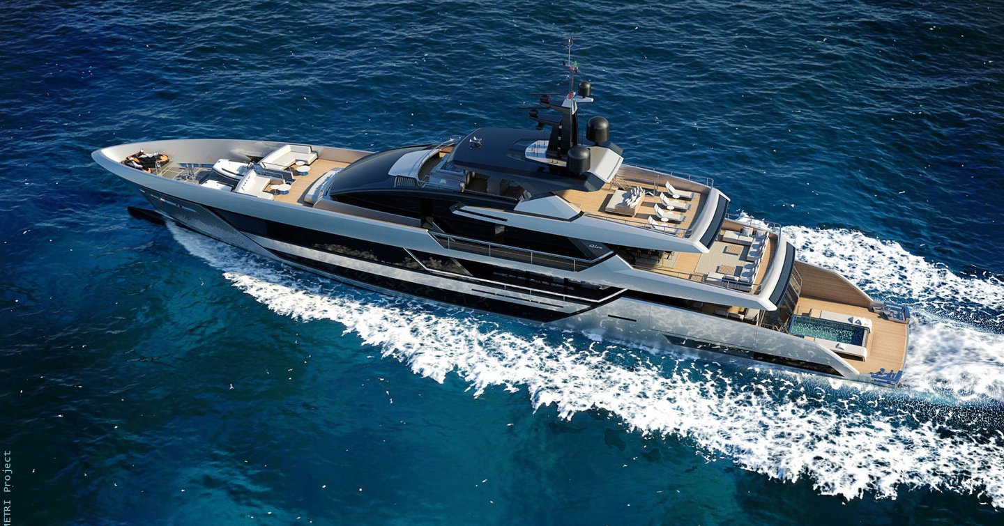 Aerial view of the Riva 54 Metri, all aft decka visible, with pool on main deck. Surrounded by sea.