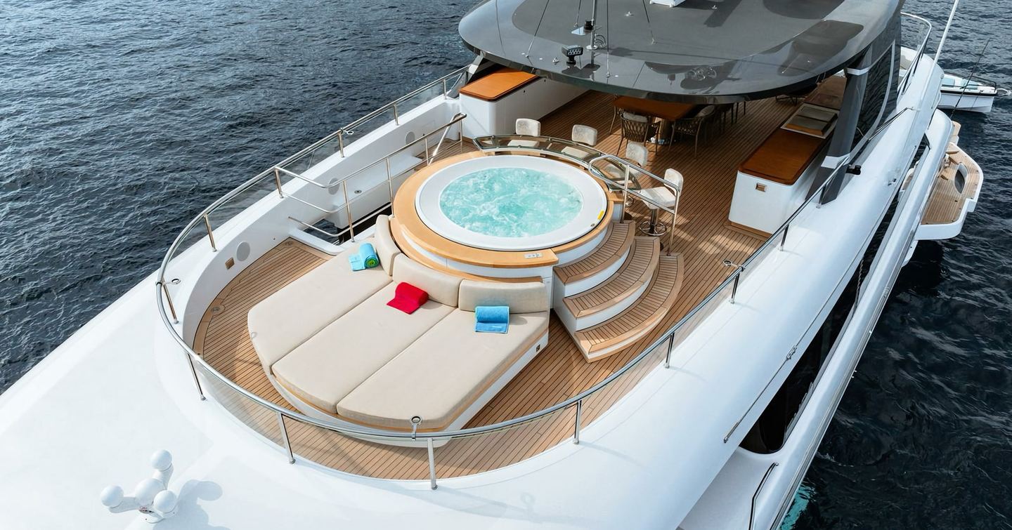 Superyacht Contigo's foredeck with jacuzzi and sunpads 