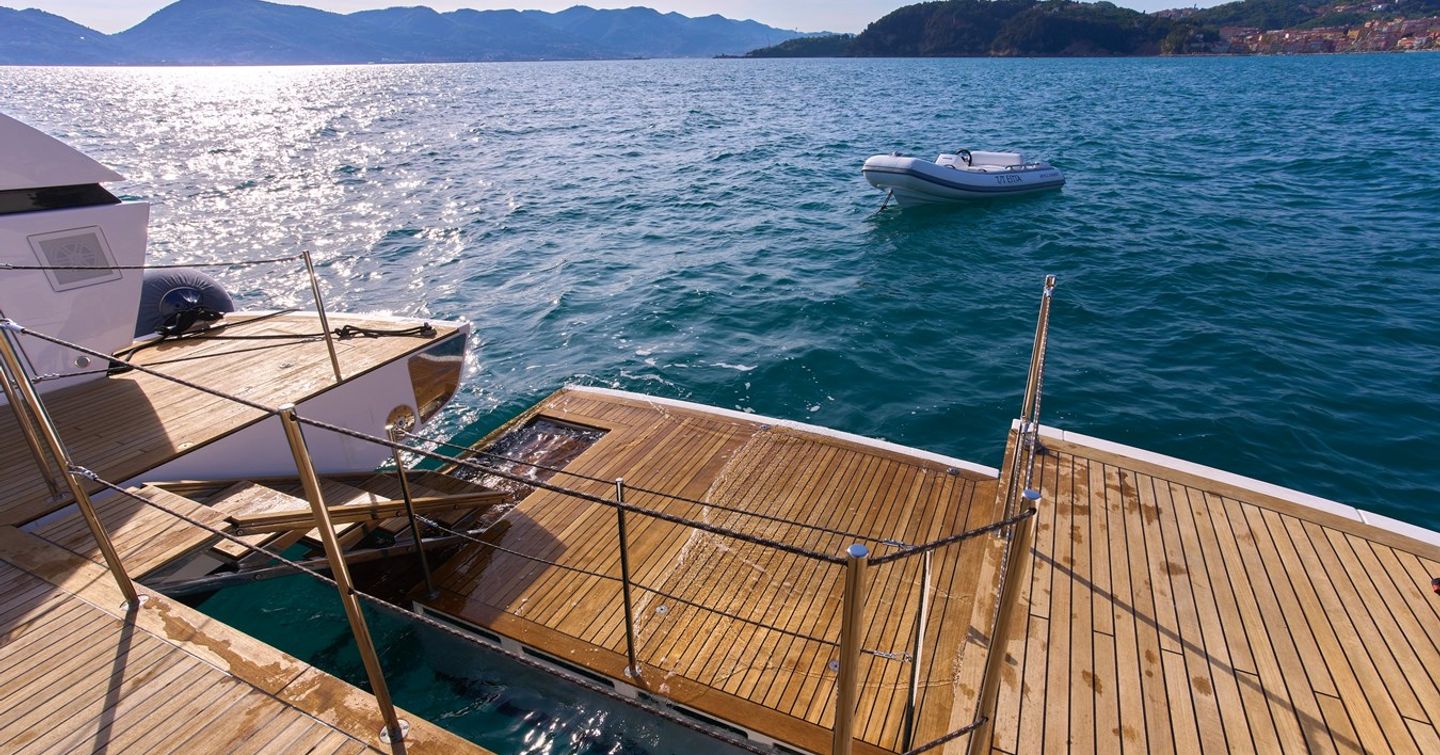 Motor yacht Estia's swim platform and tender