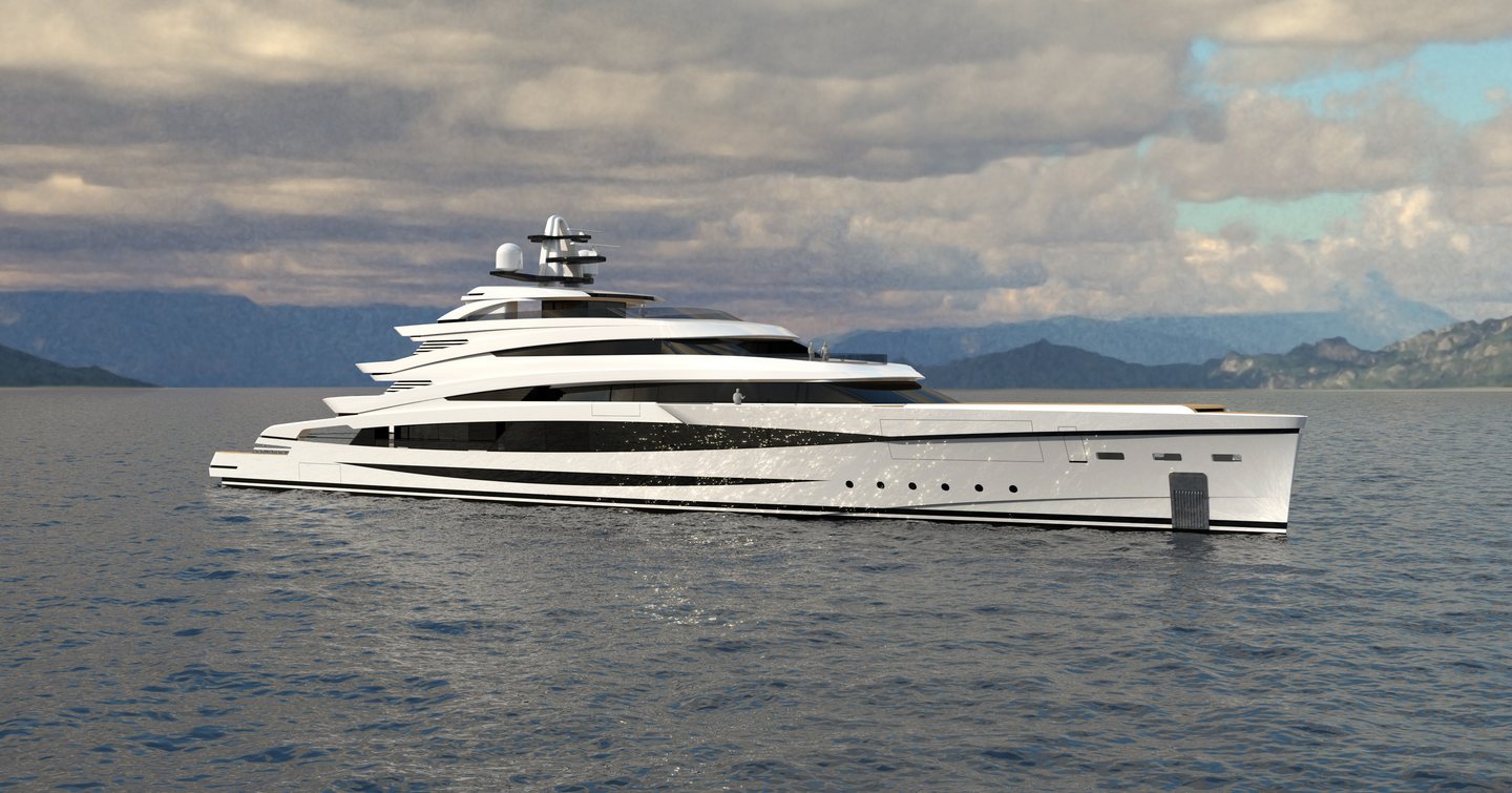 Rendering of a 90m superyacht penned by Tommaso Spadolini, surrounded by sea.