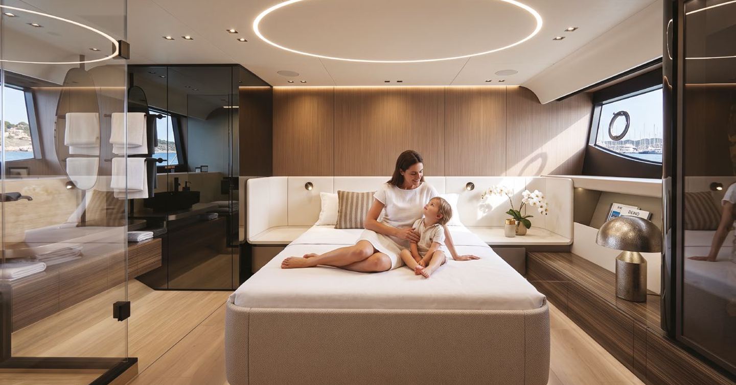 Rendering of family inside master cabin on ICONA 70 motor yacht 