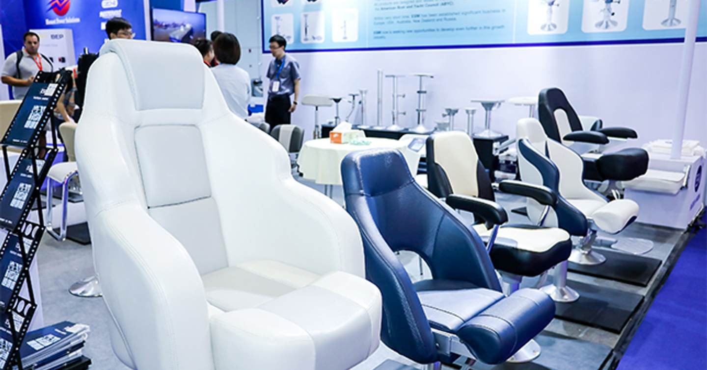 Row of helm station chairs on display at the China International Boat Show.