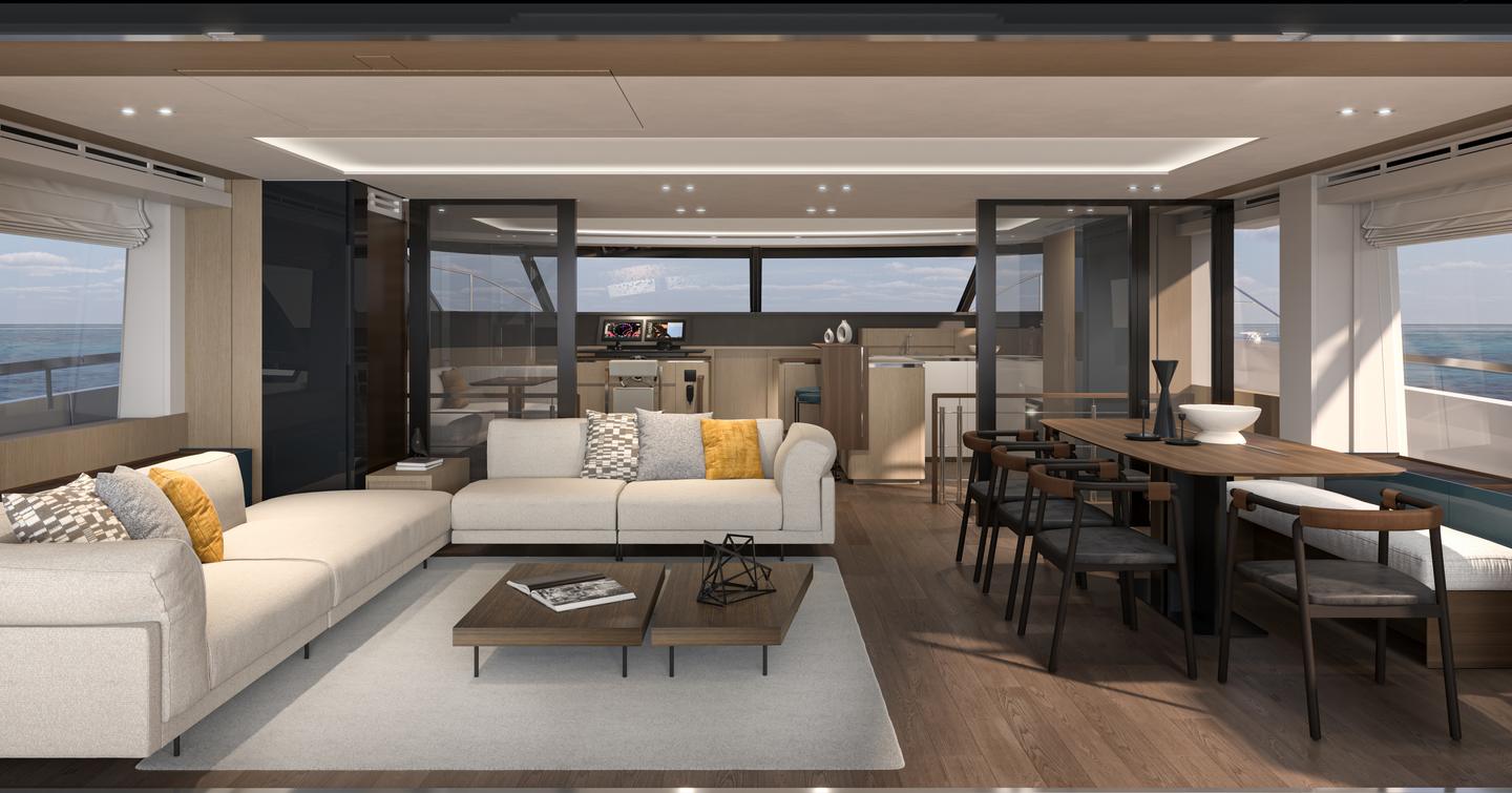 Prestige M8 Evo motor yacht main saloon lounge area 