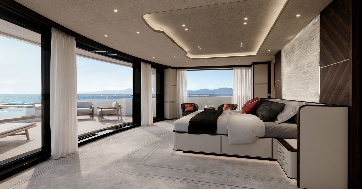 Rendering of Sanlorenzo 58Steel superyacht master cabin with panoramic views 