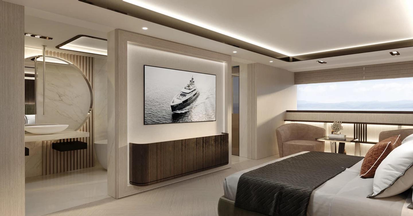 CGI of double bed in cabin with large yacht picture on wall