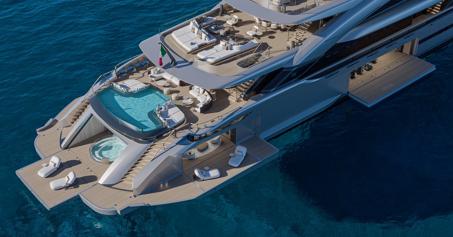 Rendering of ISA Poseidon 86M superyacht stern with infinity pool and multiple lounging areas