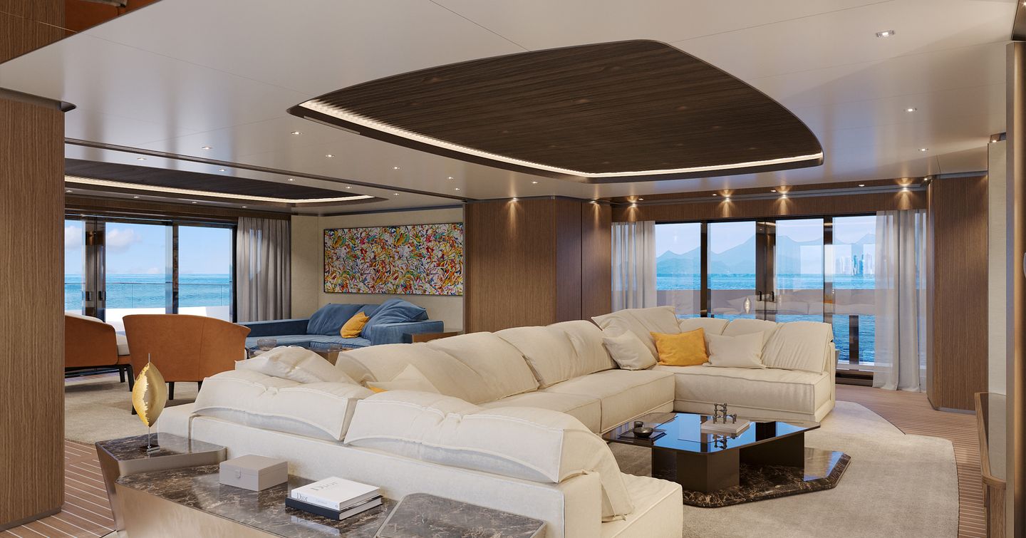Rendering of Sanlorenzo 74Steel Superyacht bridge deck saloon with U-shaped seating 