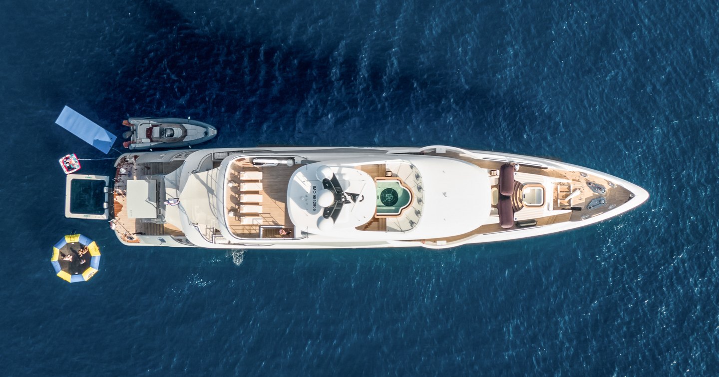 Aerial view of Superyacht Moonraker at anchor with tenders 