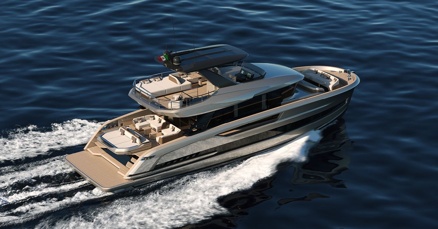 Rendering of Solaris Power 64 Long Range motor yacht under way