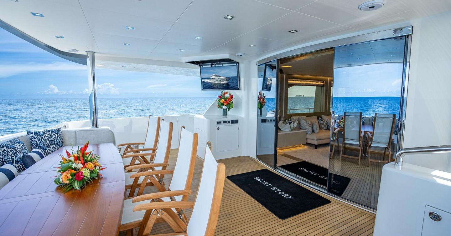 Superyacht Short Story aft deck with alfresco dining and sliding glass doors