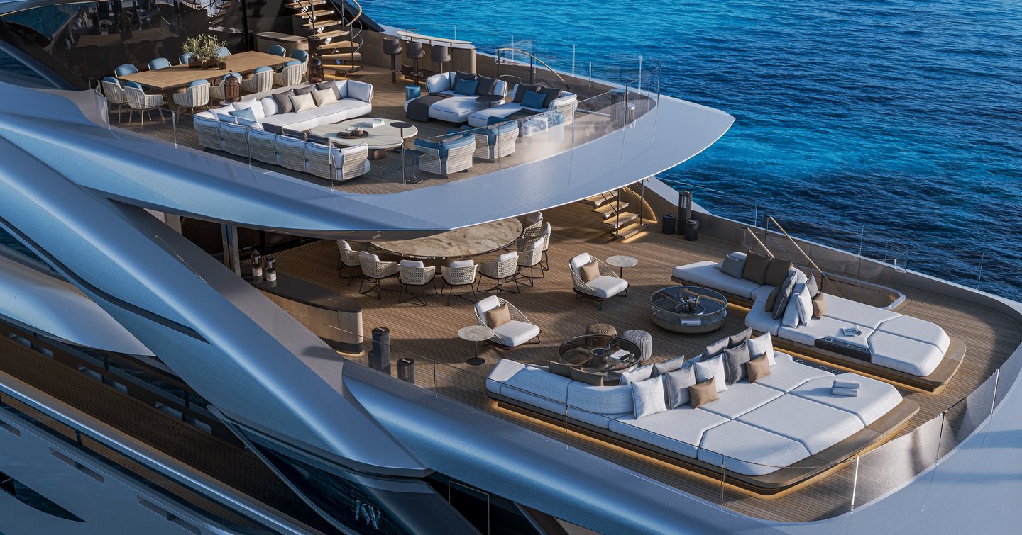 Rendering of ISA Poseidon 86M superyacht aft decks with sunpads and alfresco dining areas