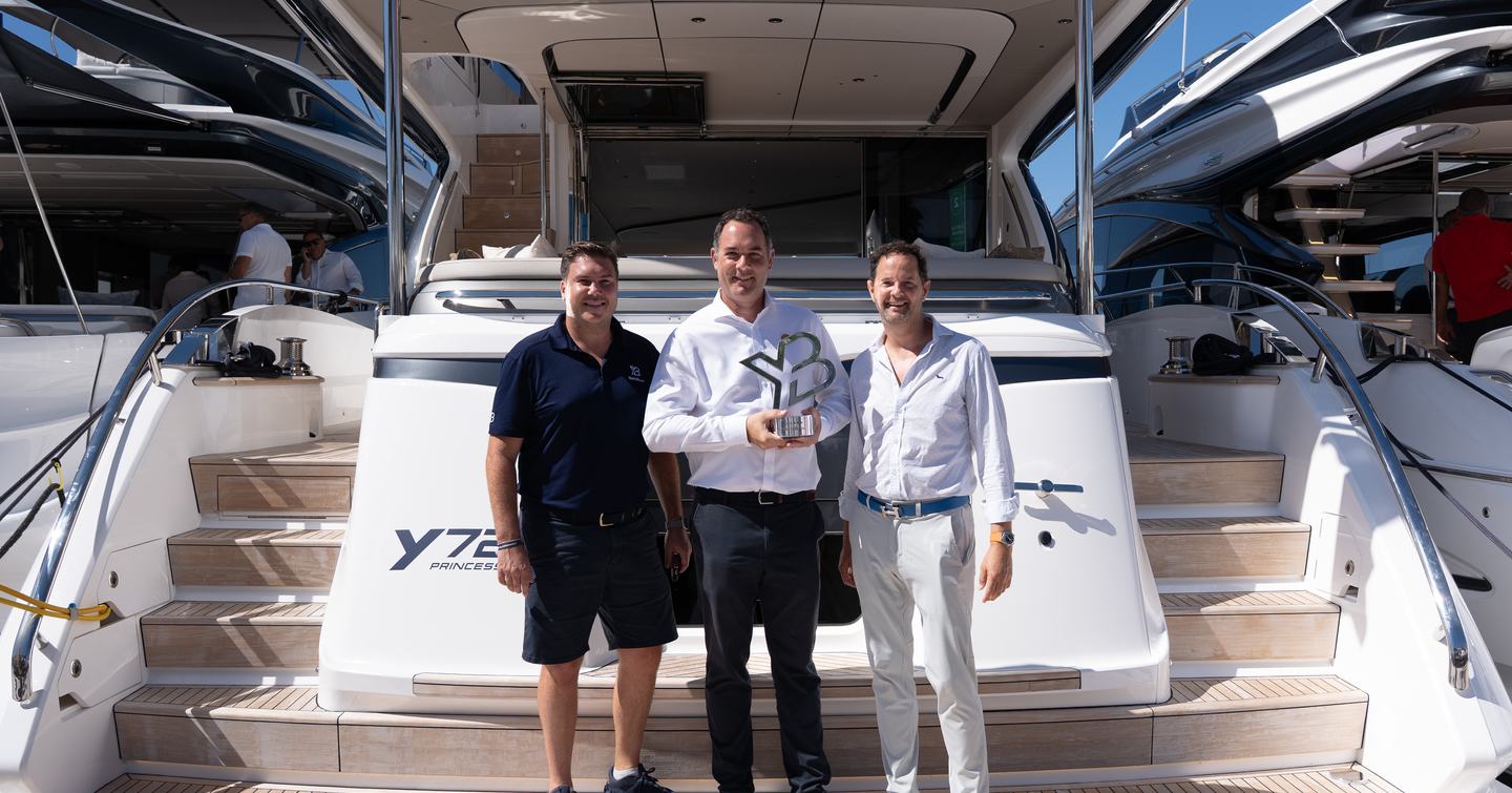 Jack Haines and Kevin Bodington presenting YachtBuyer Hall of Fame award to Princess Y72 