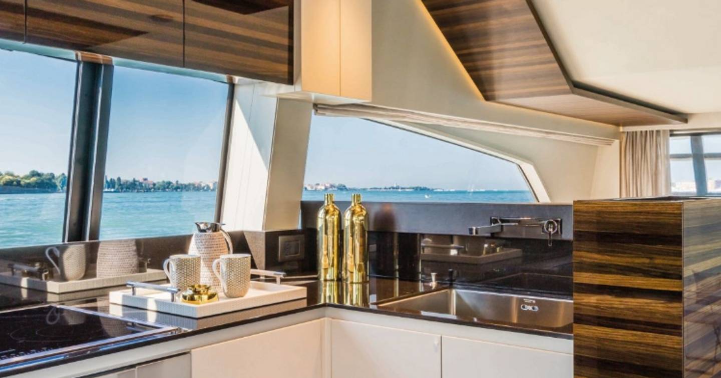 The glossy interior of the Ferretti 670 superyacht.