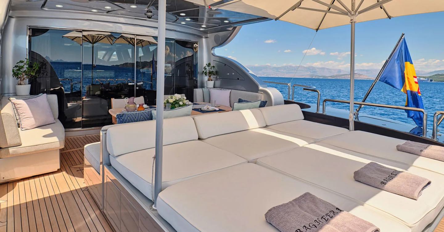 Motor yacht Bagheera aft deck with shaded sun loungers 