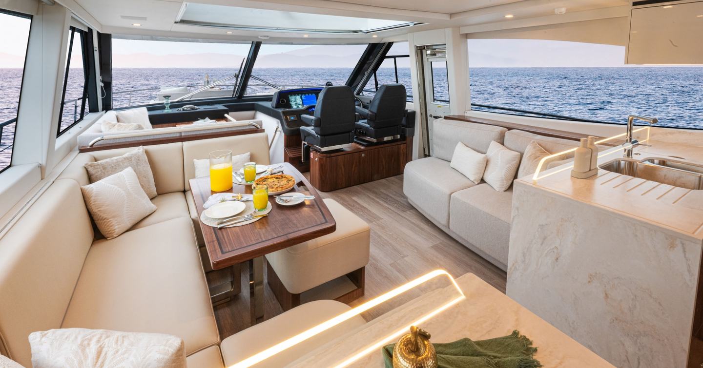 Riviera 6200 yacht saloon galley and dining area 