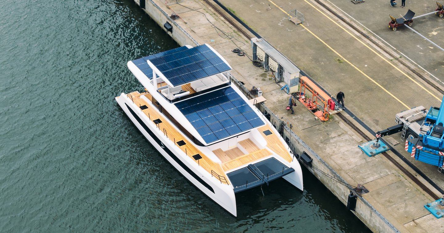Aerial view of Pioneer PY60 Solar-Electric Catamaran docked at launch