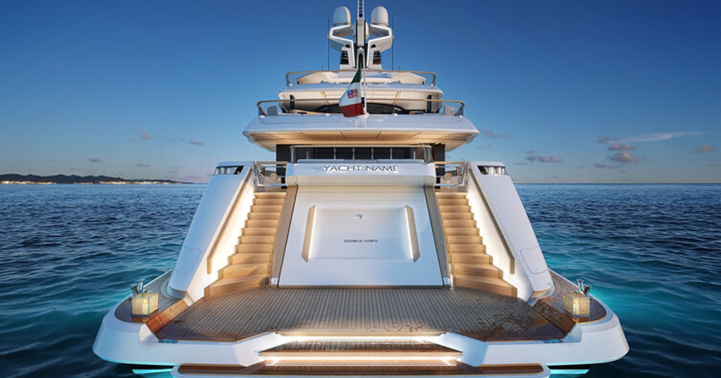 Aft view rendering of  Admiral GC-Force 73 superyacht at dusk, surrounded by sea.