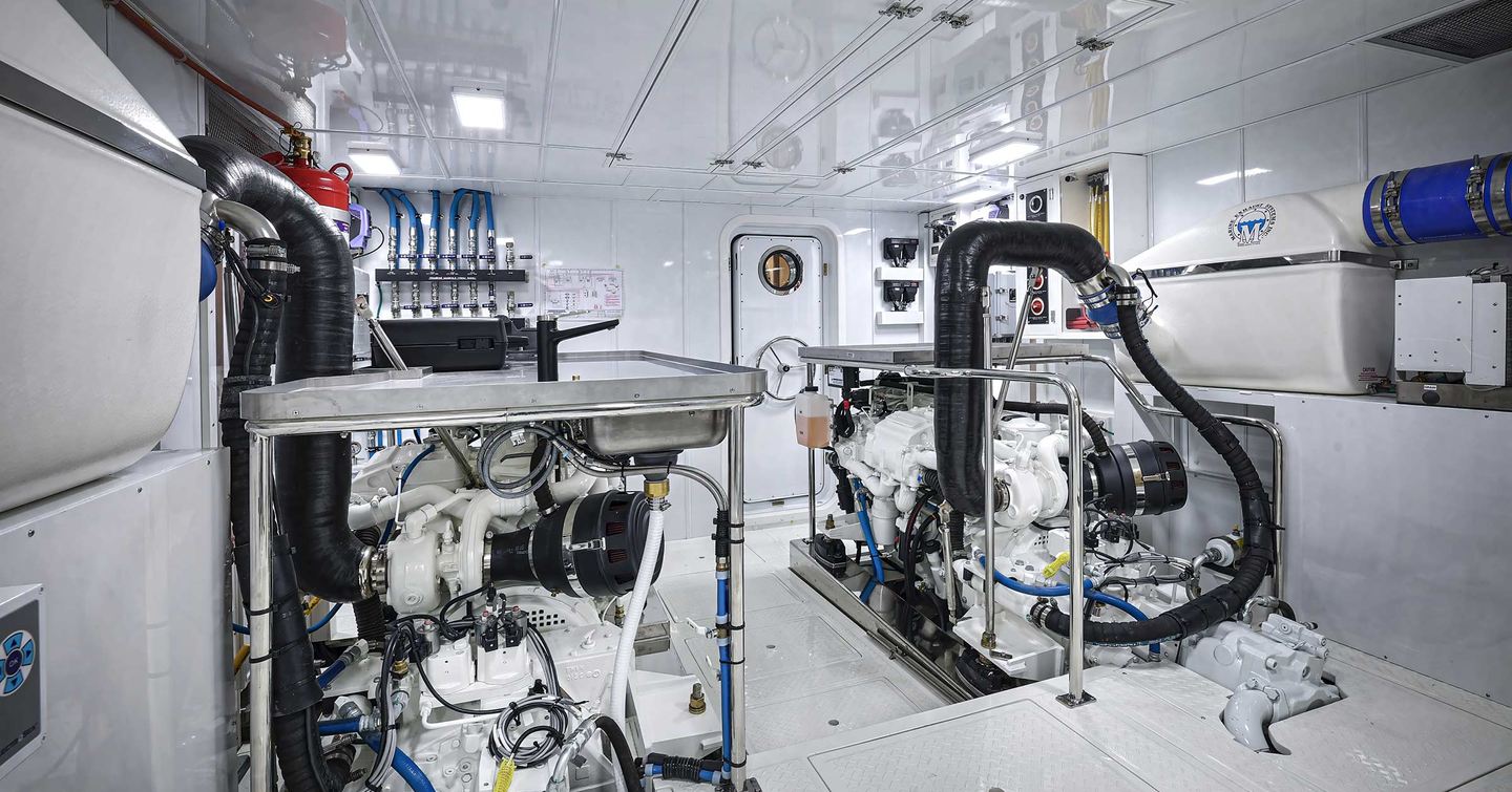 Nordhavn's N71 motor yacht engine room with white interiors 