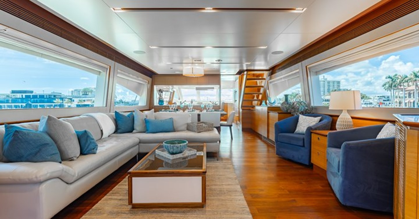 Motor Yacht Q main saloon with L-shaped sofa