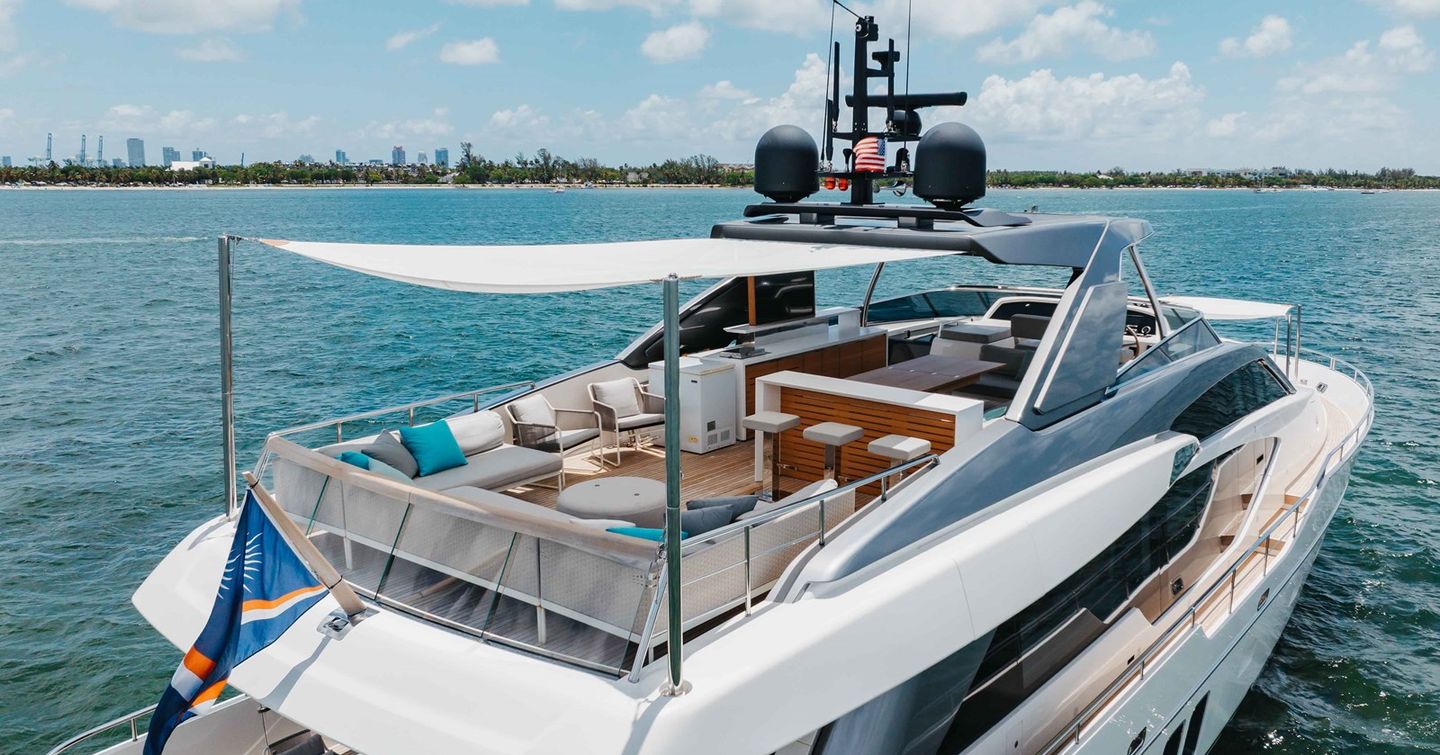 Motor yacht Sasa sundeck with shaded seating, bar area and TV
