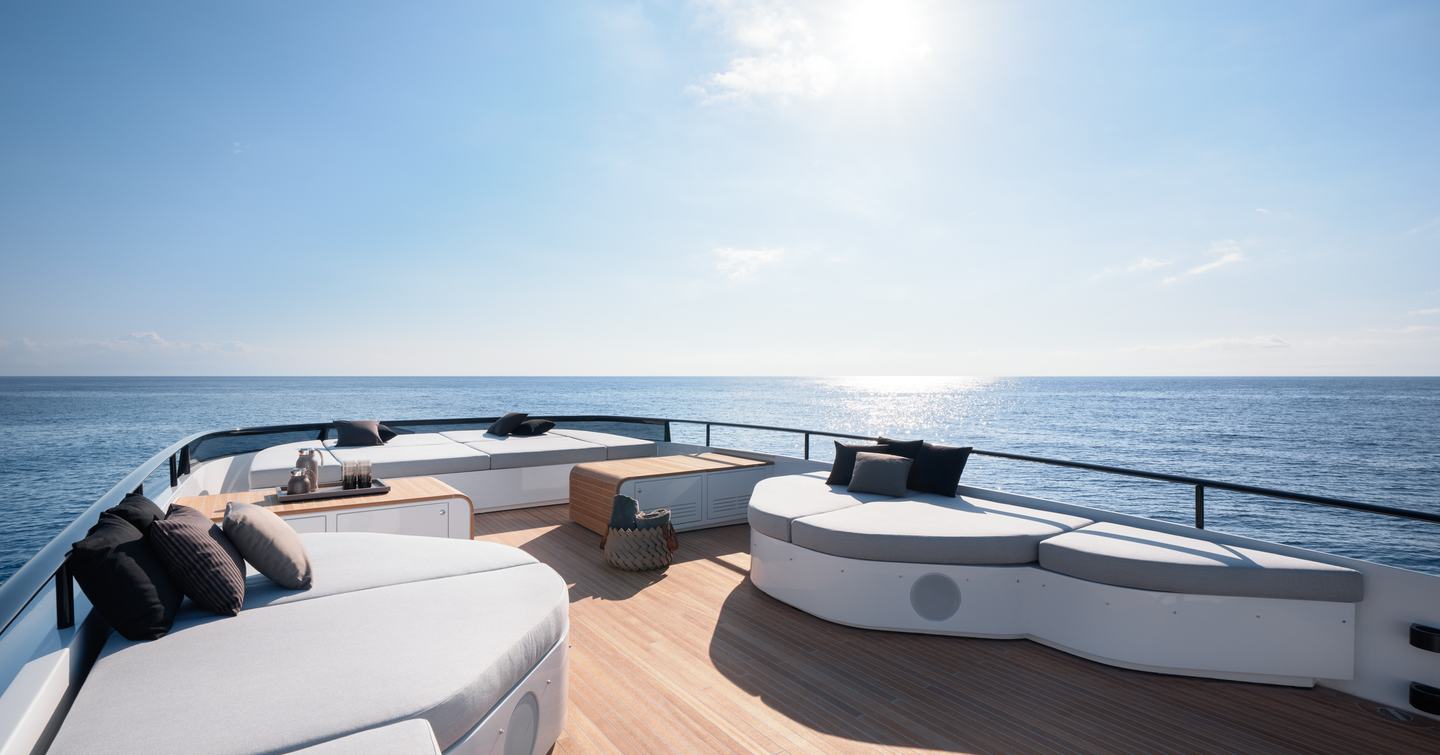AB Yachts AB 95 motor yacht sundeck with sunpads and sun loungers 