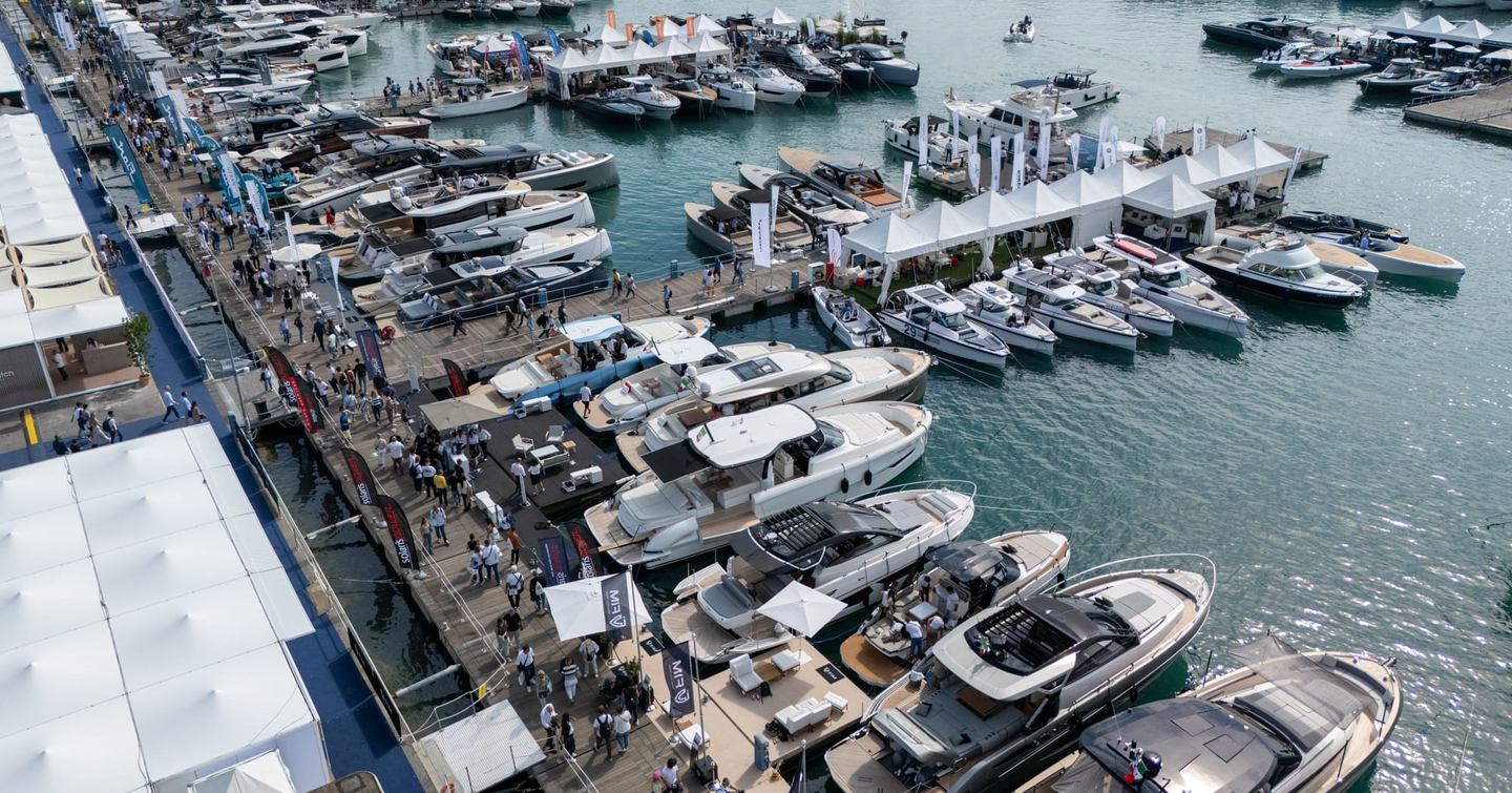 Motor yachts berthed at the Genoa International Boat Show