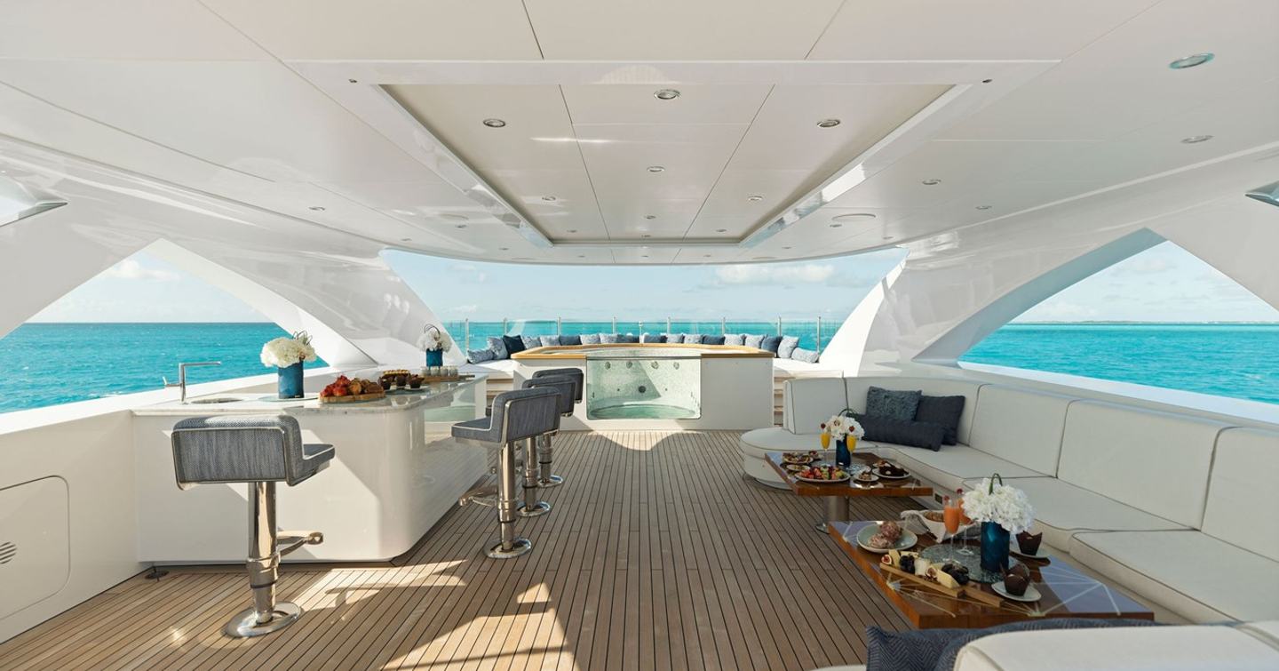 Superyacht Moonraker's sundeck with bar area and shaded seating