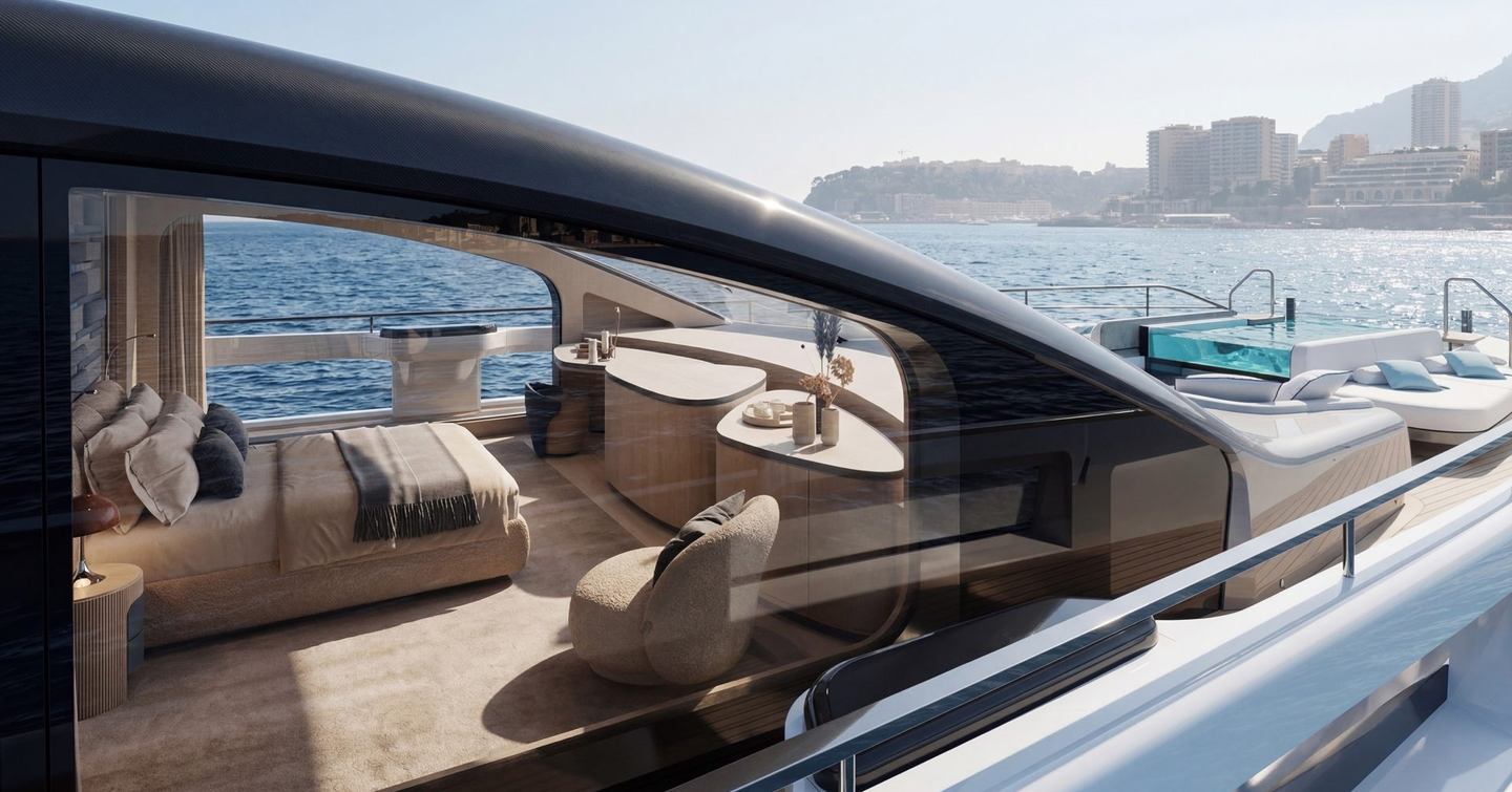 Close up Rendering of Mangusta Gransport 50 motor yacht forward master cabin 