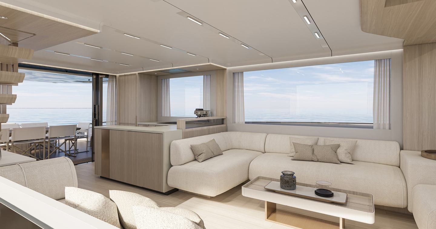 Rendering of Solaris Power 70 Long Range Boat main salon with white L-shaped seating 