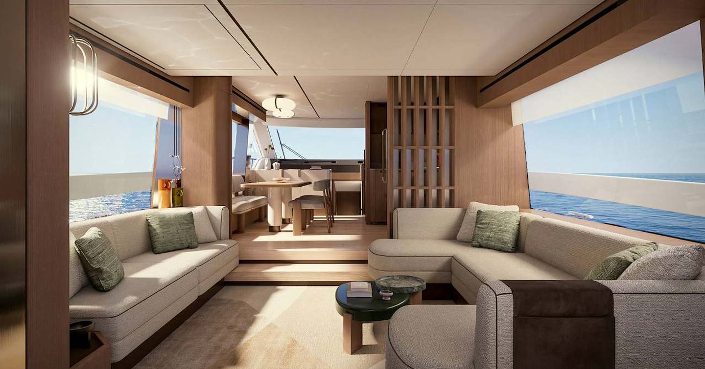 Rendering of Azimut Fly 70 Motor Yacht main saloon with U-shaped seating and forward dining area 