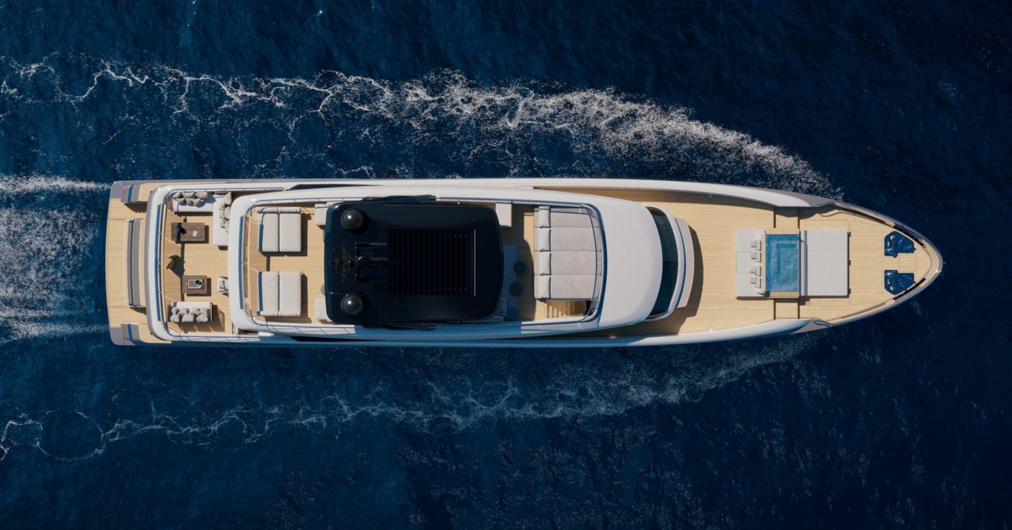 Aerial Rendering of Sanlorenzo SD132 motor yacht under way 
