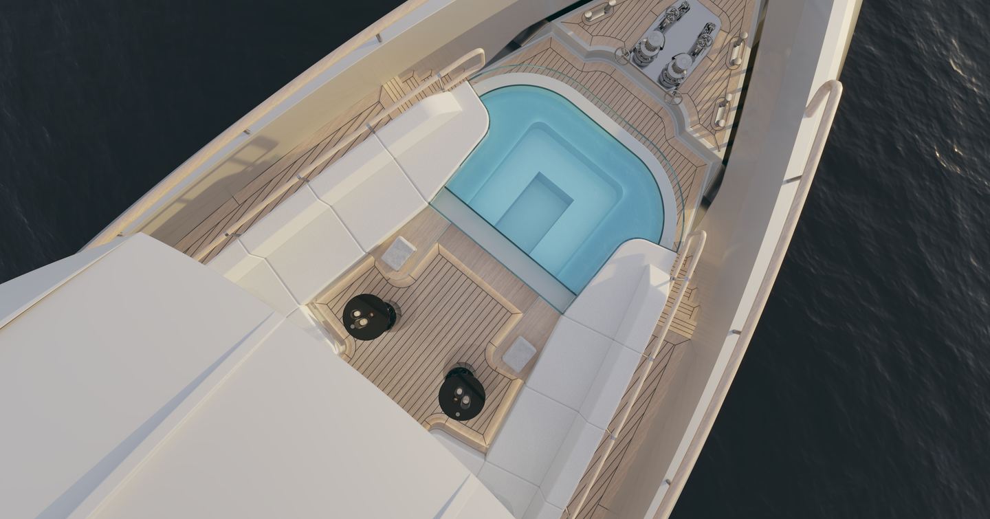 Aerial view of Rendering of Bering 165 Explorer Yacht foredeck with jacuzzi
