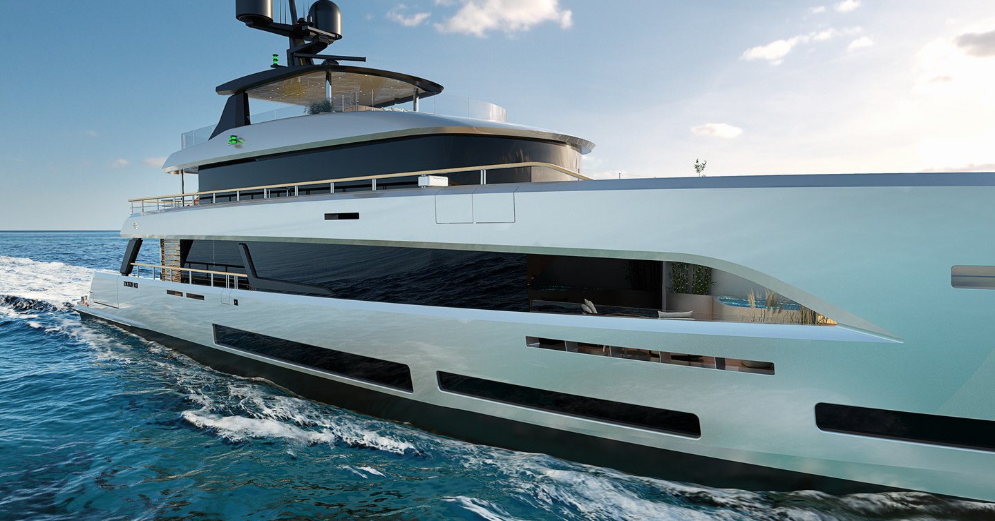 Rendering of Sirena Yachts 42m Superyacht underway, surrounded by sea.