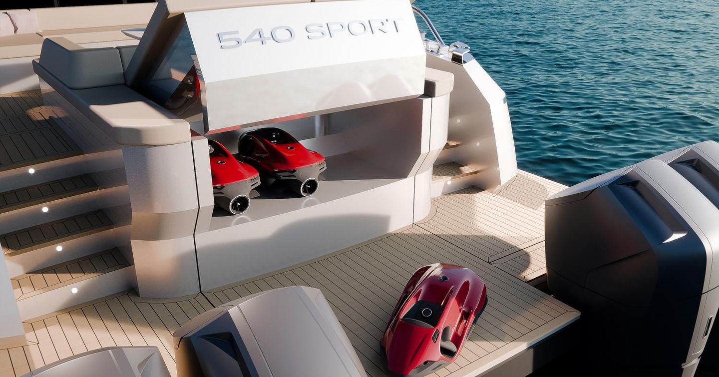 Close up of seabobs on Rendering of Outer Reef 540 Adventure Sport yacht 