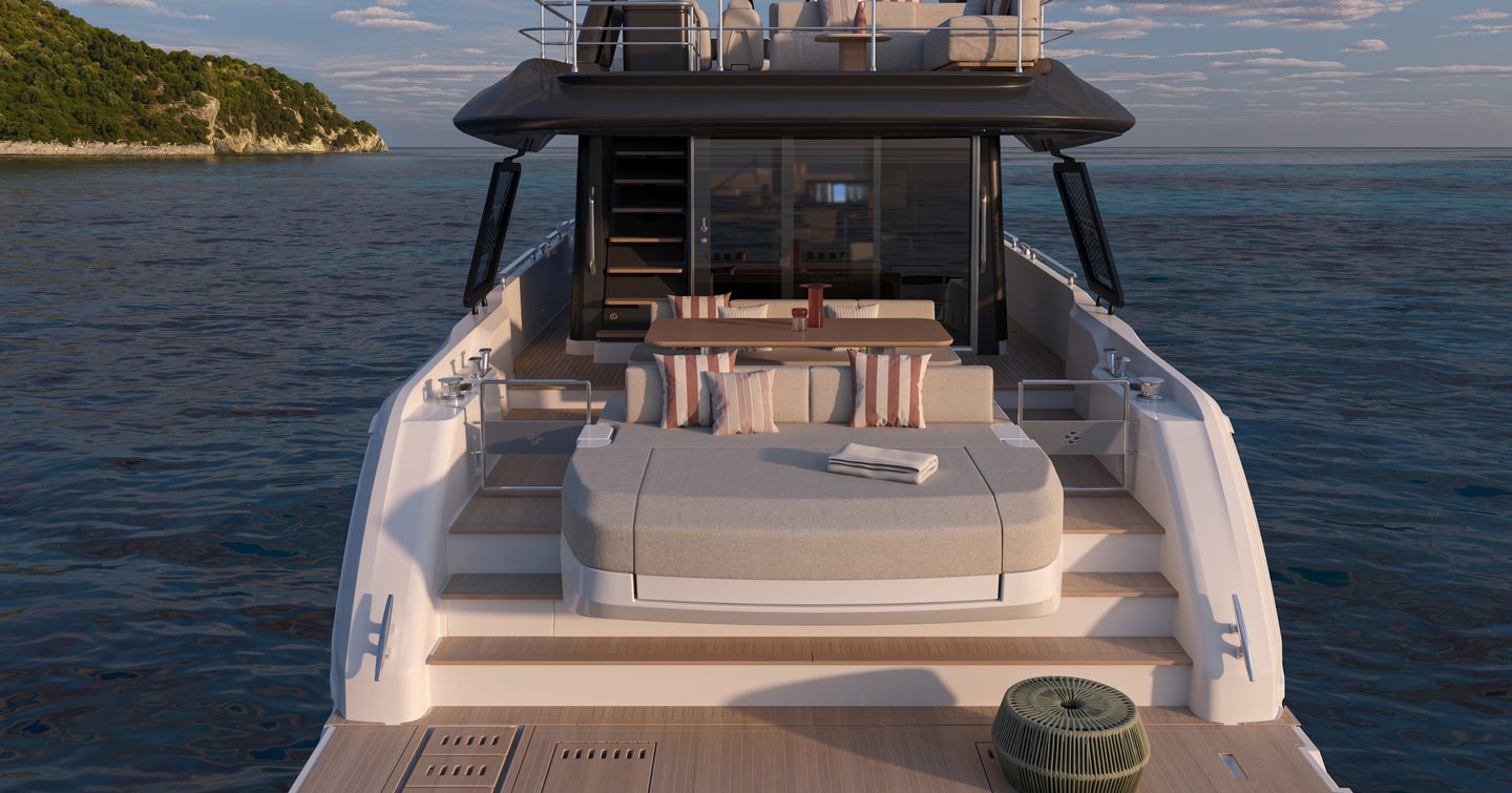 Rendering of Prestige F6.7 motor yacht stern with with integrated sunpad