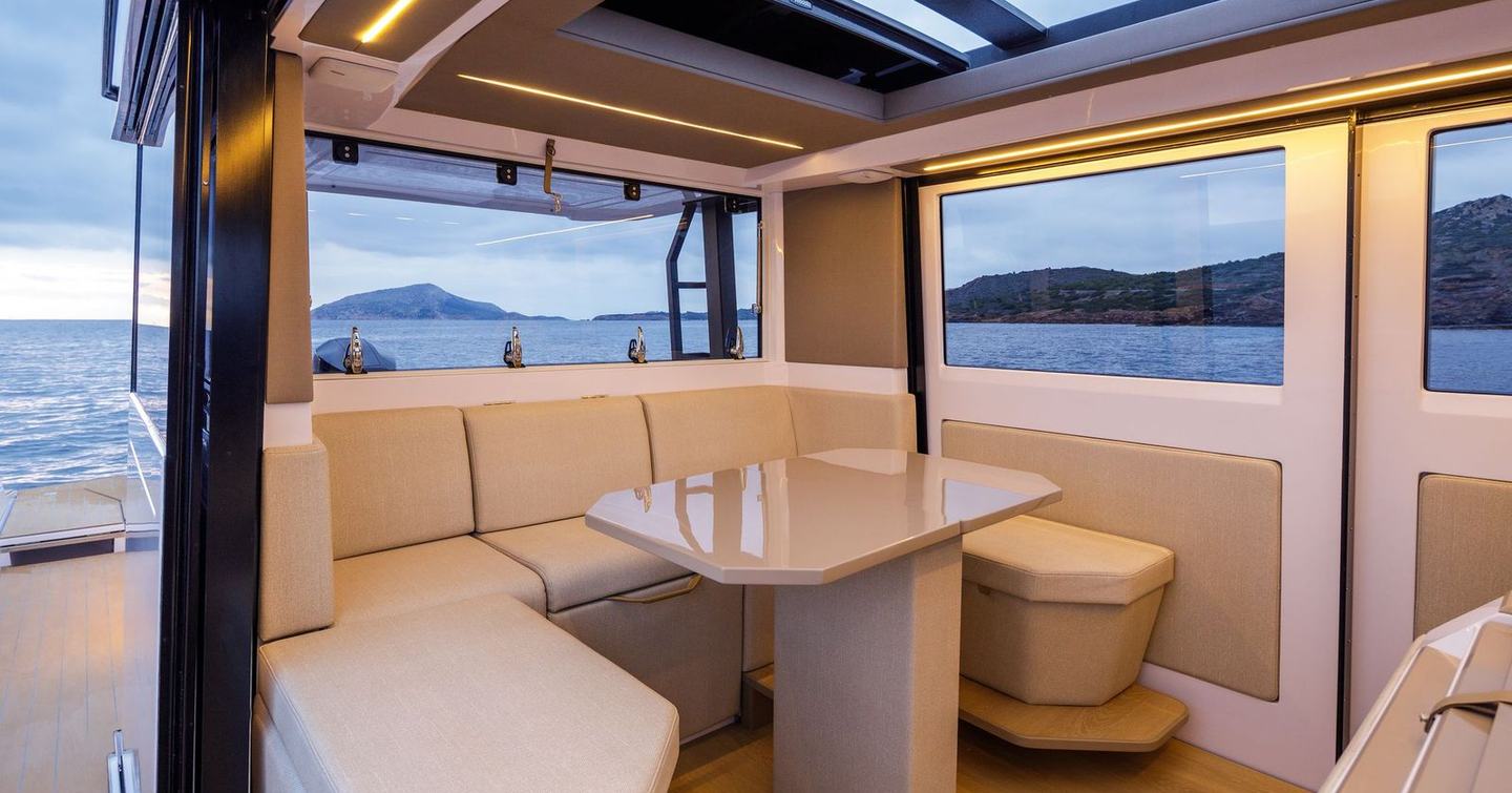 Technohull XPD 46 boat interior with L-shaped seating