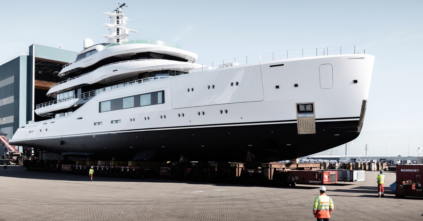 Third Amels 80 Superyacht Project Zurich on trolley on way to launch