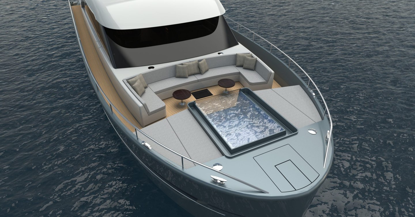 Rendering of St-Barth 85 Fly motor yacht foredeck with sunpads and pool