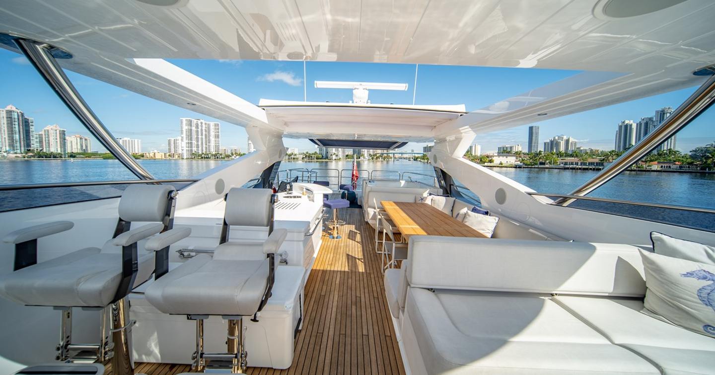 Motor yacht Mandala's flybridge with seating and wet bar