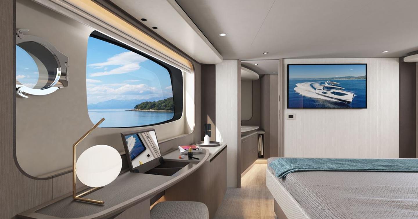 Rendering of Absolute Navetta 58 motor yacht master cabin desk area
